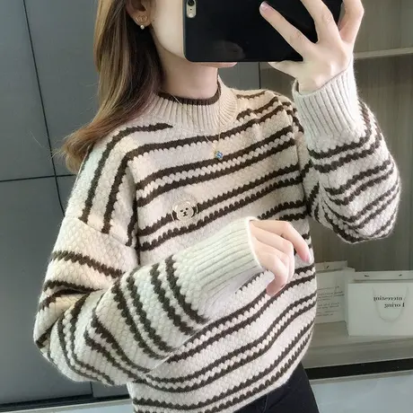 半高领毛衣女加厚条纹套头针织衫秋冬新款日系慵懒复古宽松打底衫图片