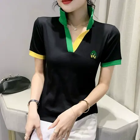 时尚拼色polo衫女ins潮洋气欧货修身上衣设计感小众百搭短袖T恤女商品大图