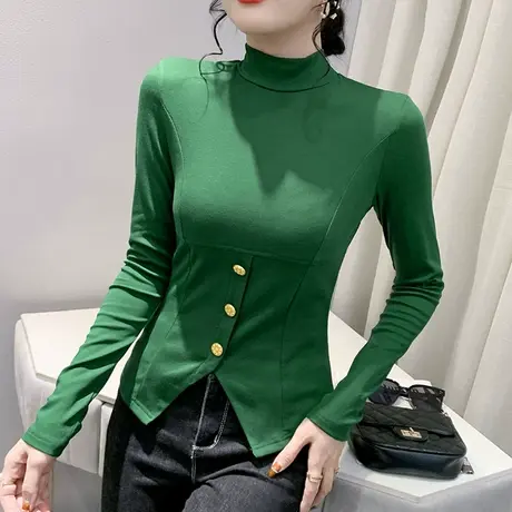 设计感开叉长袖T恤女2024春秋新款半高领打底衫内搭显瘦洋气上衣图片