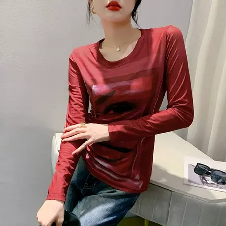 欧货气质网纱雪纺衫女长袖早秋2024新款圆领打底衫修身印花上衣潮图片