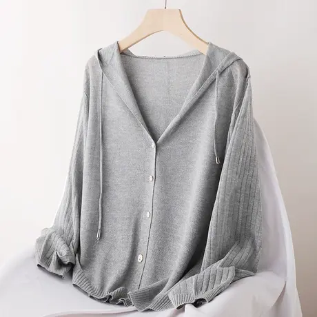 连帽针织开衫女薄款春夏季长袖空调衫防晒衣冰麻韩版宽松外搭披肩图片