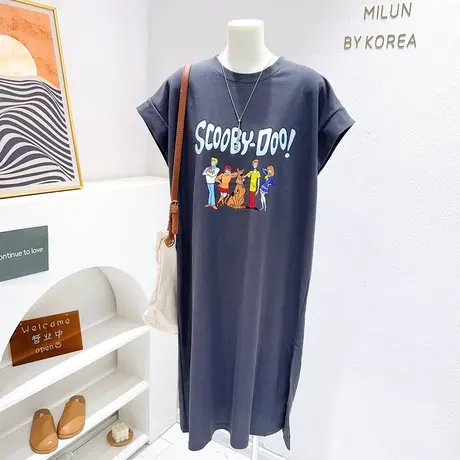 韩代同款连衣裙2023夏季ins港风慵懒休闲飞飞袖长款开叉T恤裙欧货图片