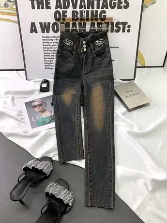 韩版复古排扣牛仔铅笔裤女2023秋季新款显瘦百搭高腰裤弹力九分裤商品大图