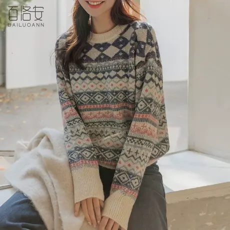 百洛安慵懒风宽松长袖套头毛衣女春新复古撞色提花外穿打底针织衫商品大图