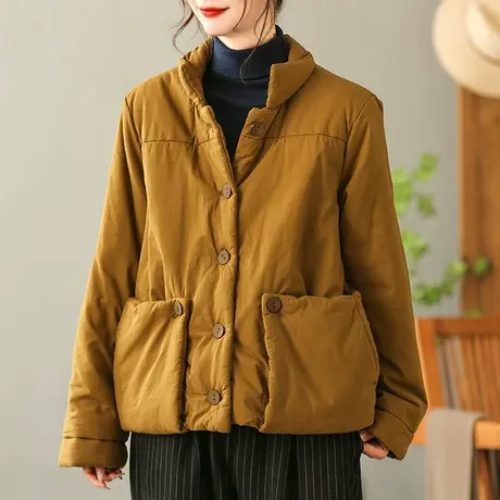 dza 复古宽松立领漂亮棉服外套女冬保暖棉袄休闲短款上衣纽扣棉衣商品大图