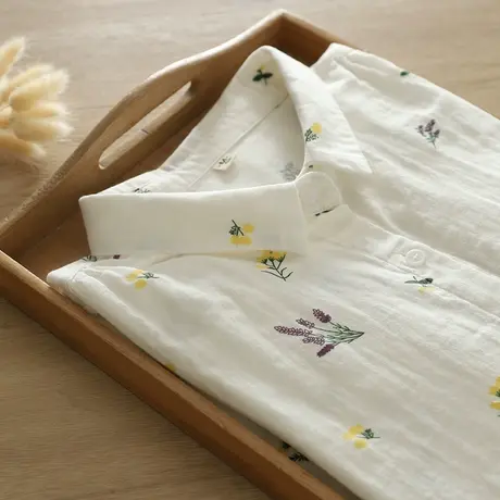 春秋日系文艺小清新薰衣草印花双层纱纯棉长袖衬衫女宽松叠穿上衣图片