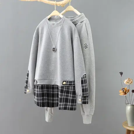 韩范时尚格子拼接圆领卫衣女宽松休闲套头长袖外套上衣洋气t恤衫图片