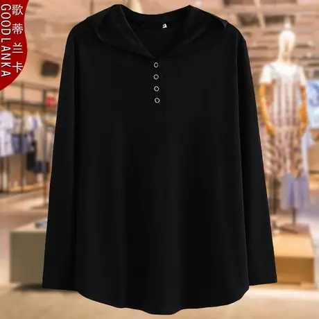 2022早秋新款长袖T恤加肥加大码女装中年女士胖妈妈洋气连帽上衣商品大图