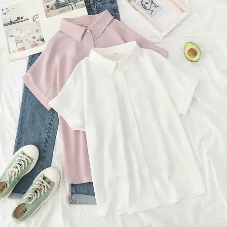 韩版小清新白色雪纺职业衬衫女短袖宽松夏季新款OL工作服工装衬衣图片