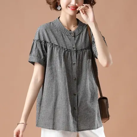休闲衬衫女短袖夏季新款加肥加大码女装宽松纯棉百搭显瘦格子衬衣商品大图