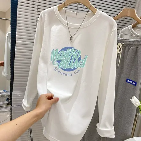 白色长袖打底衫加厚圆领内搭中长款打底衫2022年秋冬洋气上衣T恤图片