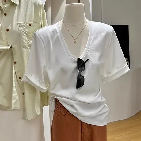 设计感小众u领垫肩卷边短袖t恤女2025新款夏季宽松纯棉半袖上衣服商品大图
