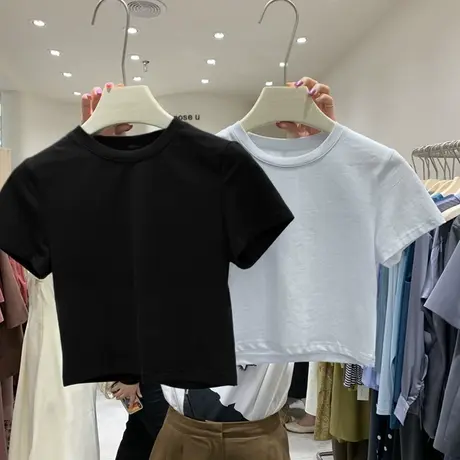 短袖短款露肚脐a字修身显瘦纯棉网红性感t恤女纯色ins超火上衣服商品大图