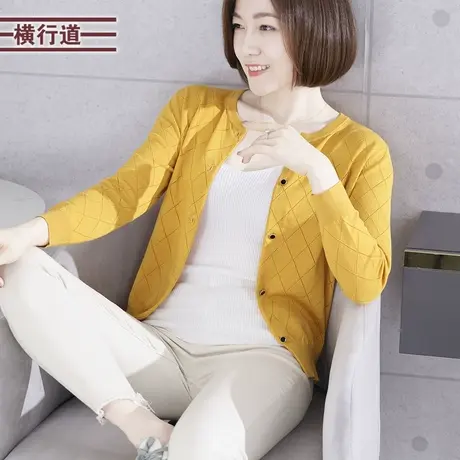 横行道圆领九分袖针织开衫纯色外套休闲大码减龄女中年妈妈装春装商品大图