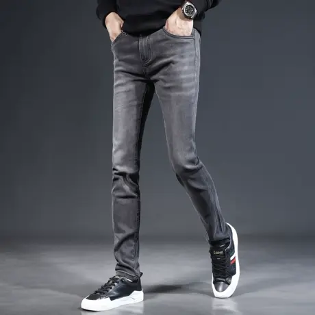 裤子男牛仔裤2023新款秋季潮牌修身小脚加绒灰色男士弹力休闲长裤图片