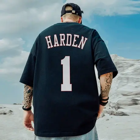 重磅美式1号球衣哈登短袖t恤街头大码黑色圆领纯棉简约半袖男潮图片