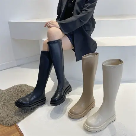 永希长筒靴女2023春秋季新款高级气质英伦风瘦瘦靴粗跟厚底骑士靴图片