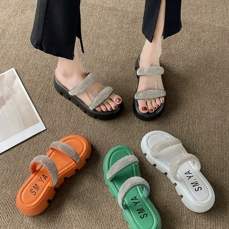 拖鞋女2024夏季新款韩版松糕厚底水钻一字拖外穿懒人沙滩凉拖鞋女商品大图