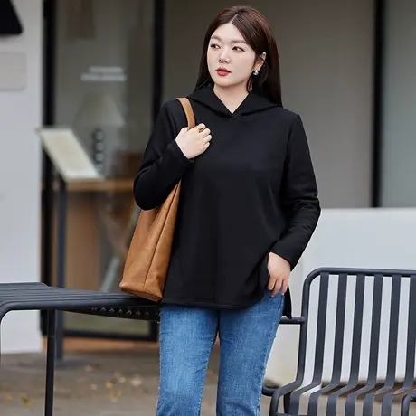 2024冬季新款大码女装连帽套头长袖纯色卫衣显瘦胖mm黑色打底上衣图片