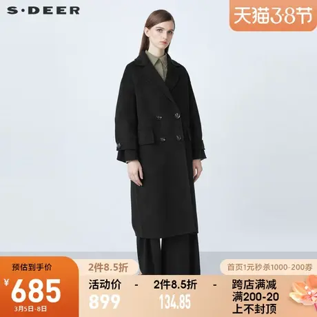 sdeer圣迪奥2021冬装新品休闲西装领双排扣格纹毛呢大衣S21461807📞图片