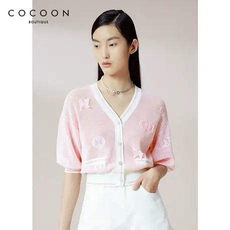 COCOON商场同款时尚上衣2023春新款v领百搭短款宽松版型毛针织衫商品大图