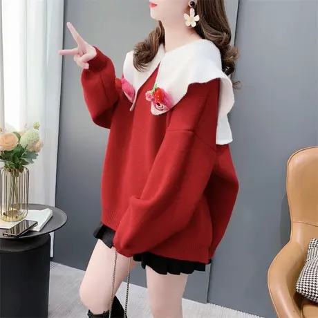 圣诞红色草莓熊娃娃领毛衣女2023新款秋冬宽松氛围感洋气减龄上衣商品大图