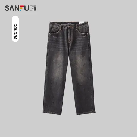 三福2023冬季男士加绒宽松牛仔裤 复古直筒拖地裤长裤男479579商品大图