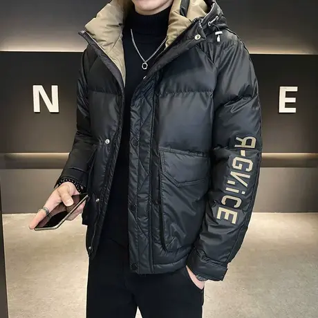 2023冬季新款时尚个性连帽短款棉服字母印花保暖羽绒服男潮面包服图片