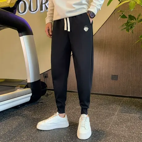 休闲裤男秋冬潮牌宽松束脚哈伦运动裤设计感青年刺绣简约加绒卫裤图片