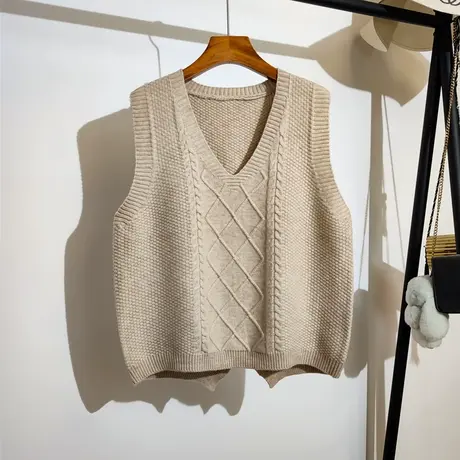 v领麻花针织马甲女秋冬新款宽松叠穿无袖坎肩毛衣背心外搭学院风商品大图