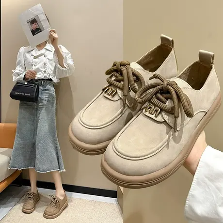 女鞋子2024春季新款复古平底鞋磨砂皮鞋软底系带圆头休闲单鞋女款商品大图