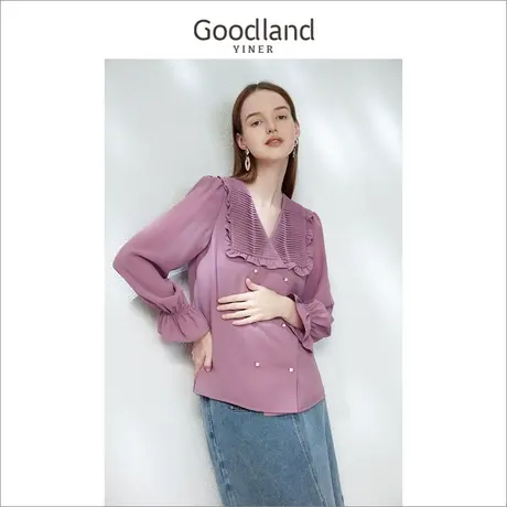 Goodland女装2023春季法式木耳花边双排扣设计感喇叭袖衬衫商品大图