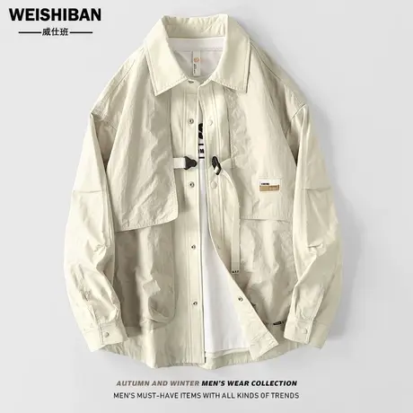 潮牌设计感拼接口袋休闲外套男2024春秋季翻领假两件小众夹克上衣图片