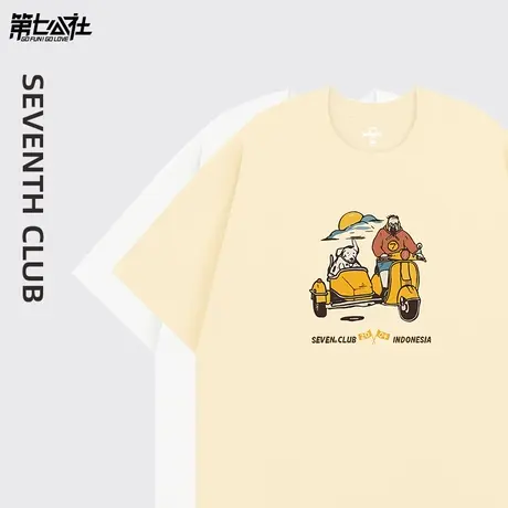 第七公社奶杏色复古纯棉t恤女小众设计感2024新款潮牌宽松情侣装商品大图