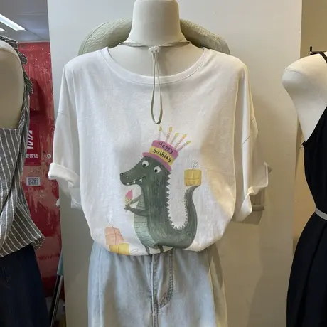 韩国东大门2023年夏季甜美图案印花气质显瘦减龄宽松套头T恤上衣商品大图