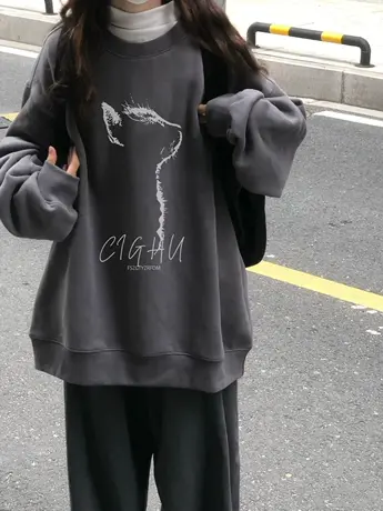 灰色高级感圆领卫衣女2024薄款春秋休闲宽松美式复古慵懒风上衣潮图片