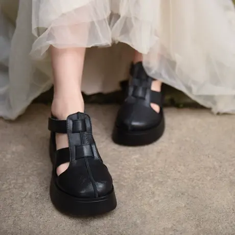 Artmu阿木原创复古厚底包头凉鞋女真皮镂空坡跟女鞋舒适百搭新款商品大图