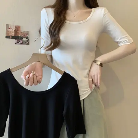短袖女2024年夏季新款修身显瘦打底衫韩版百搭U领五分袖上衣潮ins图片