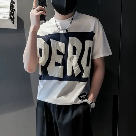 夏季拼接撞色短袖T恤男潮流韩版休闲上衣ins印花字母半袖T恤男装商品大图