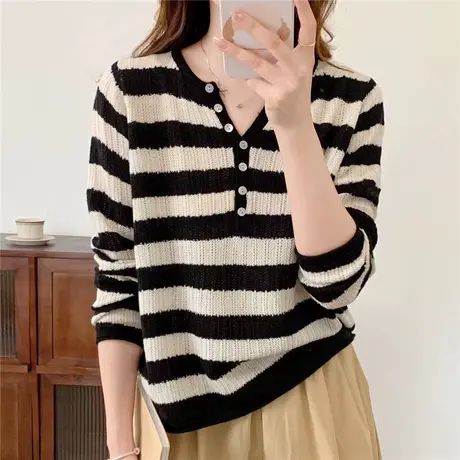 春装2024年新款v领条纹针织衫女薄款初春洋气宽松时尚爆款毛衣女商品大图