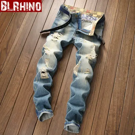 秋冬新款男士修身破洞牛仔长裤男韩版青少年潮流小直筒怀旧牛仔裤商品大图