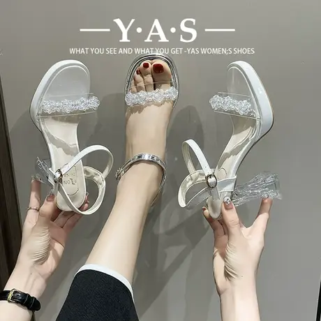 网红透明露趾一字带粗跟防水台高跟凉鞋2024年新款女夏季仙女风商品大图
