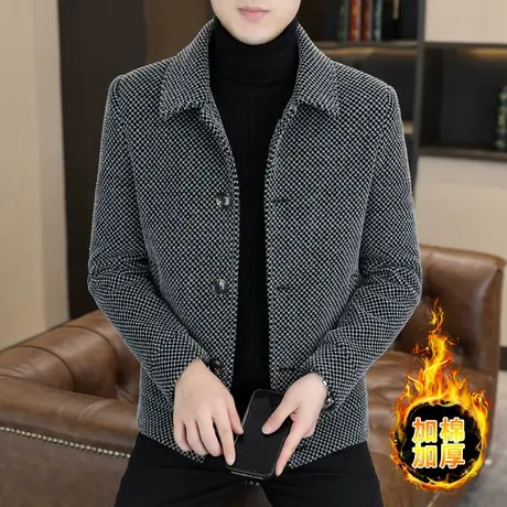 2023冬季新款男士毛呢大衣翻领加绒外套加棉妮子休闲冬装短款棉衣图片