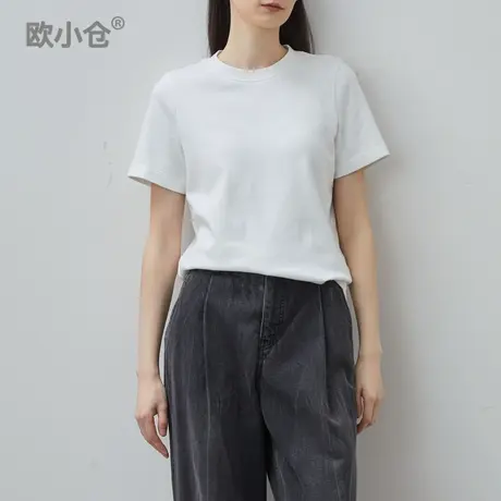 欧小仓 正肩棉质圆领体恤 短款不露腰遮肚子拉高身材比例短袖T恤商品大图