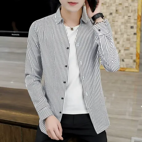 个性韩版长袖衬衫男士秋季新款发型师衬衣条纹帅气V领百搭上衣潮商品大图