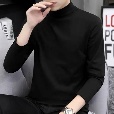 纯棉t恤男长袖潮流半高领内搭打底衫纯色黑色全棉秋装上衣服男生商品大图