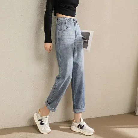 时尚气质牛仔长裤2023年春季新款女士高腰宽松显瘦通勤萝卜直筒裤图片