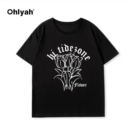 Ohlyah高街复古潮牌玫瑰花卉男女同款短袖T恤ins重磅纯棉圆领半袖商品大图