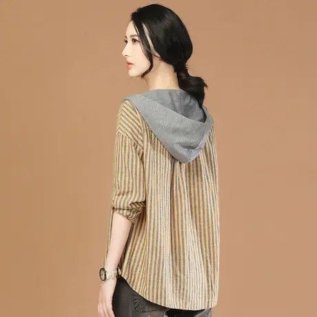 韩潮袭人连帽条纹衬衫外套中长款女2023秋装新款休闲百搭棒球服薄图片