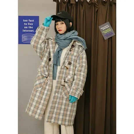 omont蛋挞家 复古宽松格子毛呢外套女2021新款中长款长袖大衣冬季商品大图